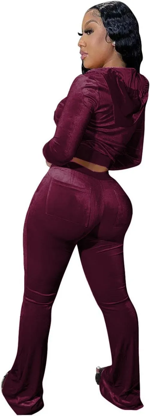 Yeshire Womens 2 Piece Outfits Velvet Sweatsuits Zip-up Hoodie Jacket Casual Jogging Set Tracksuit Set with Pockets
