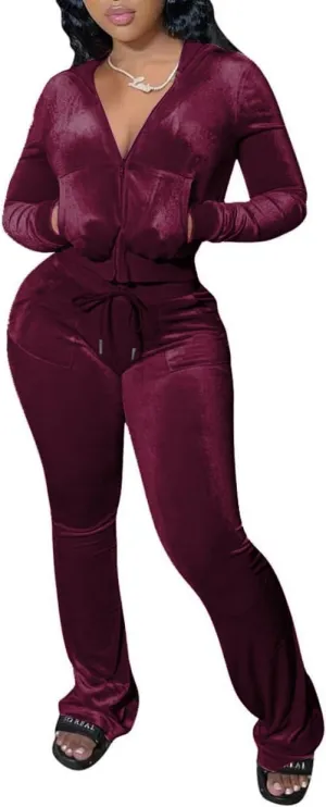 Yeshire Womens 2 Piece Outfits Velvet Sweatsuits Zip-up Hoodie Jacket Casual Jogging Set Tracksuit Set with Pockets