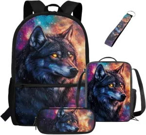 ZDCUSTOM Galaxy Sky Wolf Cool Backpack Set for Teen Boys Age 8-16 Elementary Middle School Students Bookbag with Crossbody Lunch Bag Pencil Case and Keychain