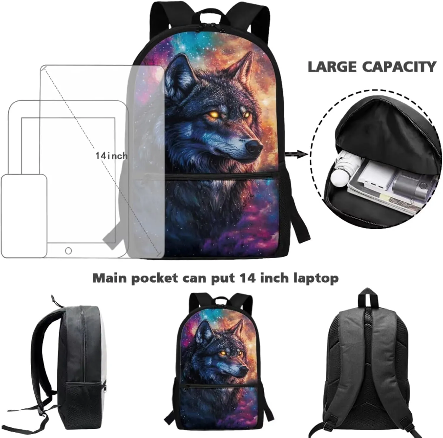 ZDCUSTOM Galaxy Sky Wolf Cool Backpack Set for Teen Boys Age 8-16 Elementary Middle School Students Bookbag with Crossbody Lunch Bag Pencil Case and Keychain