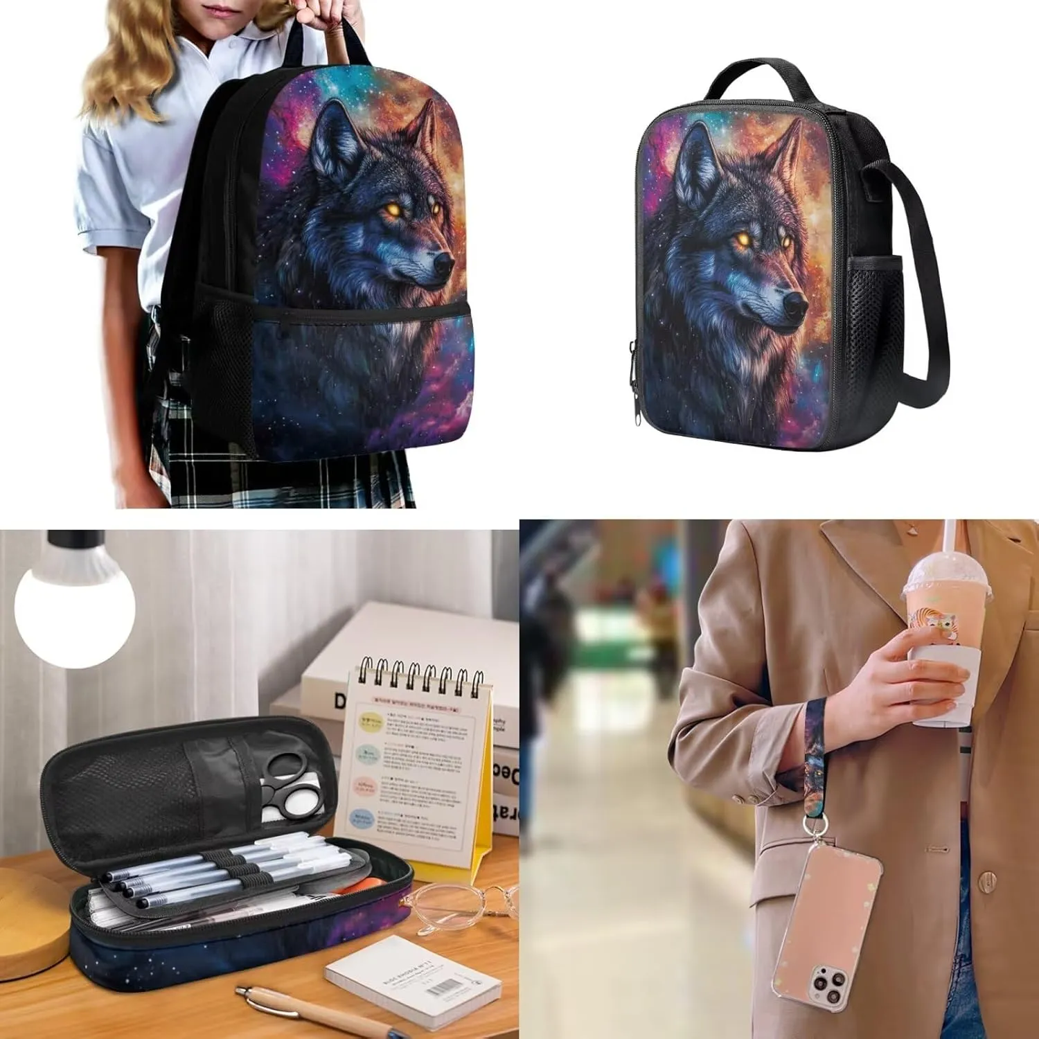 ZDCUSTOM Galaxy Sky Wolf Cool Backpack Set for Teen Boys Age 8-16 Elementary Middle School Students Bookbag with Crossbody Lunch Bag Pencil Case and Keychain