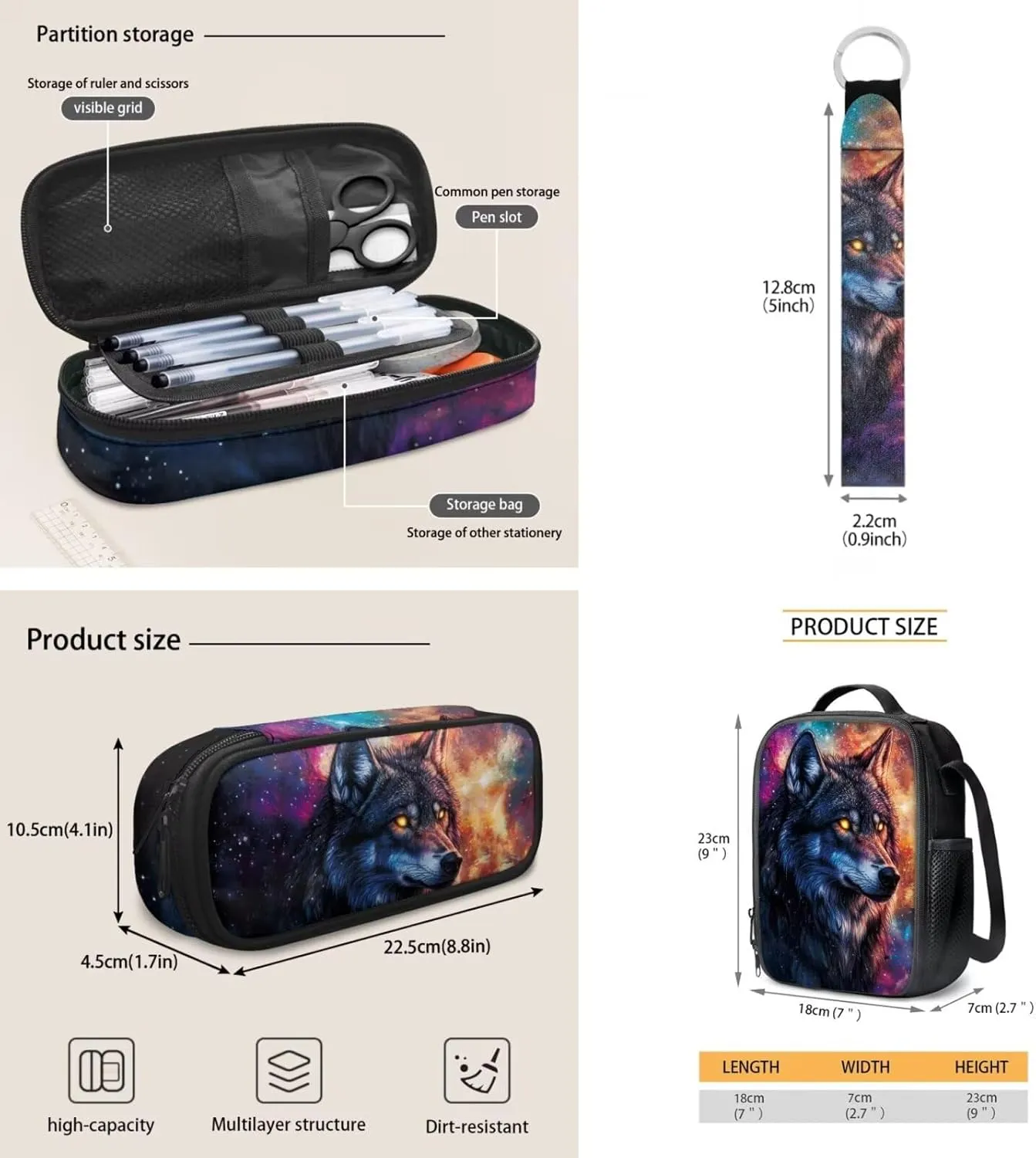 ZDCUSTOM Galaxy Sky Wolf Cool Backpack Set for Teen Boys Age 8-16 Elementary Middle School Students Bookbag with Crossbody Lunch Bag Pencil Case and Keychain