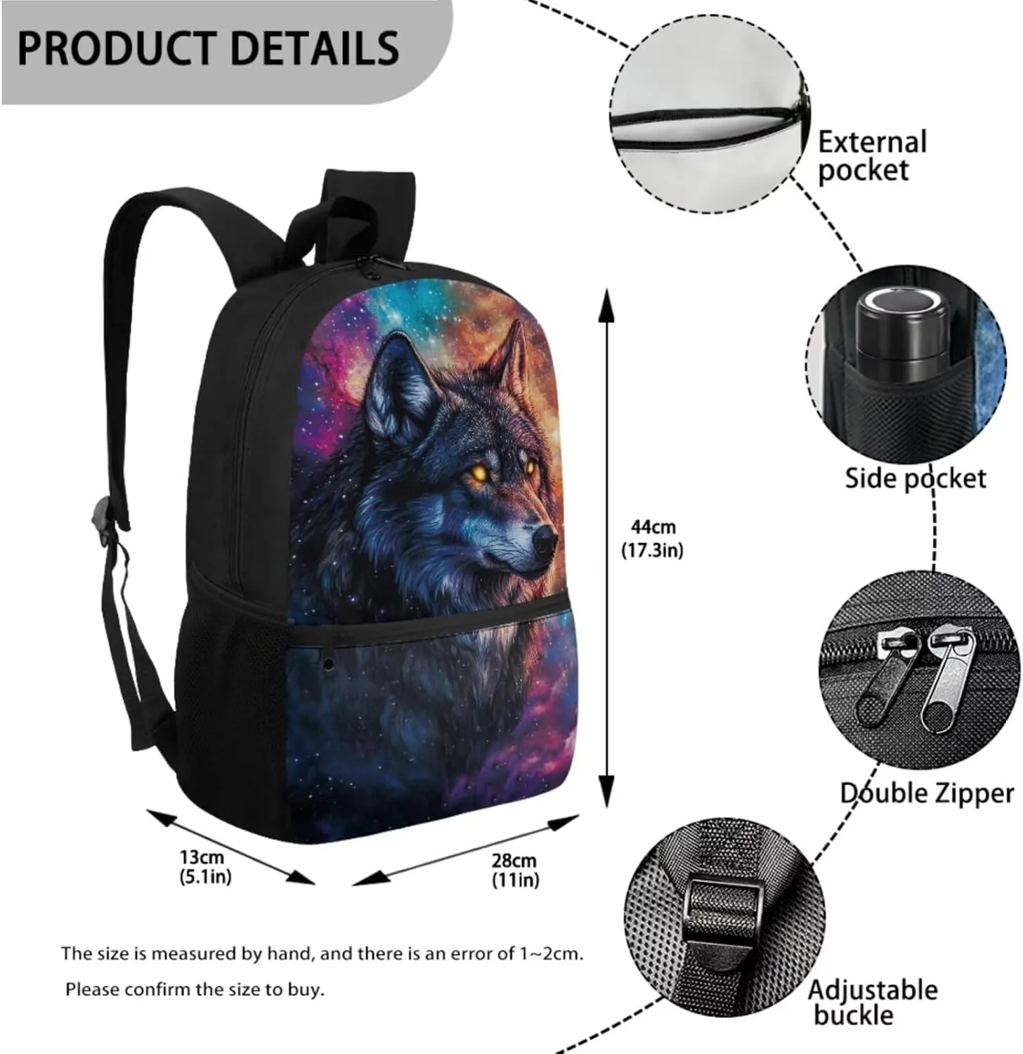 ZDCUSTOM Galaxy Sky Wolf Cool Backpack Set for Teen Boys Age 8-16 Elementary Middle School Students Bookbag with Crossbody Lunch Bag Pencil Case and Keychain