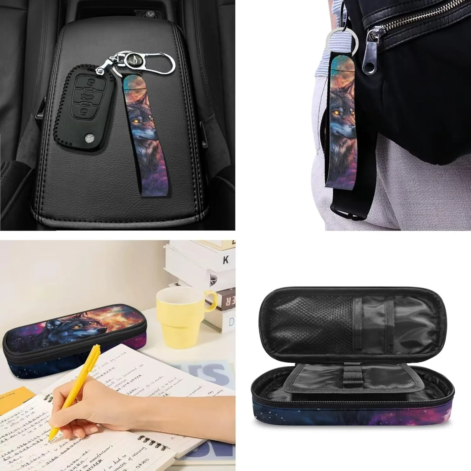 ZDCUSTOM Galaxy Sky Wolf Cool Backpack Set for Teen Boys Age 8-16 Elementary Middle School Students Bookbag with Crossbody Lunch Bag Pencil Case and Keychain