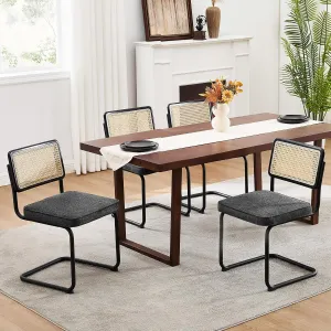 Zesthouse Natural Rattan Dining Chairs Set of 4, Mid Century Modern Dining Chairs with Solid Wood Back & Black Matte Base for Kitchen, Breuer Design Inspired, Upholstered Linen Fabric, Dark Grey