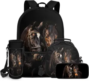 ZFRXIGN Horse Boys Backpack and Lunch Box Set for Kids 10-14 School 5th Grade Study Zipper Pencil Pouch Water Bottle Cover Large Capacity School Backpack Study Supplies Purse