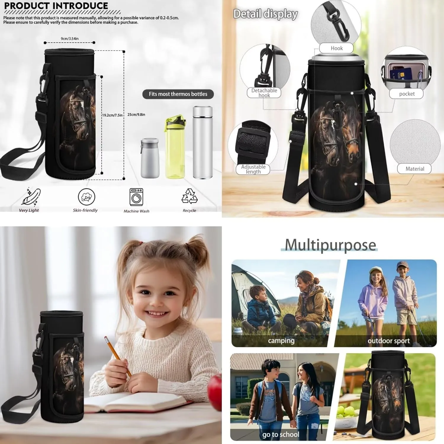 ZFRXIGN Horse Boys Backpack and Lunch Box Set for Kids 10-14 School 5th Grade Study Zipper Pencil Pouch Water Bottle Cover Large Capacity School Backpack Study Supplies Purse