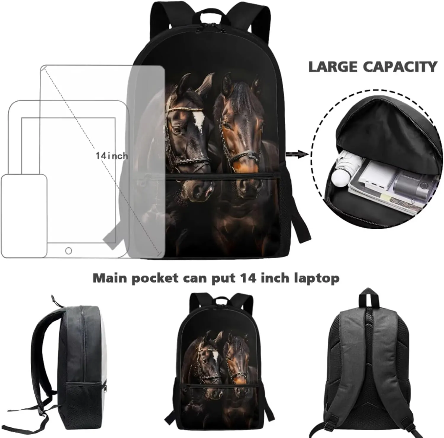 ZFRXIGN Horse Boys Backpack and Lunch Box Set for Kids 10-14 School 5th Grade Study Zipper Pencil Pouch Water Bottle Cover Large Capacity School Backpack Study Supplies Purse