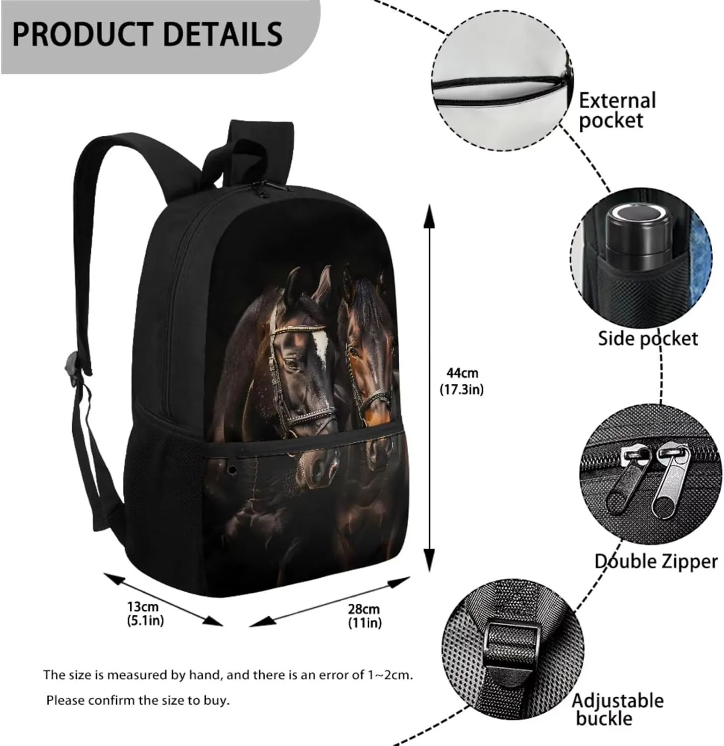 ZFRXIGN Horse Boys Backpack and Lunch Box Set for Kids 10-14 School 5th Grade Study Zipper Pencil Pouch Water Bottle Cover Large Capacity School Backpack Study Supplies Purse