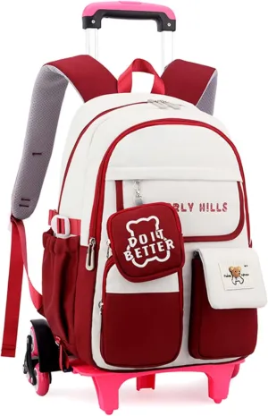 ZHANAO Color-blocking Rolling Backpack for Girls,Kawaii School Bag with Wheels,Trolley Bookbags for Primary Students