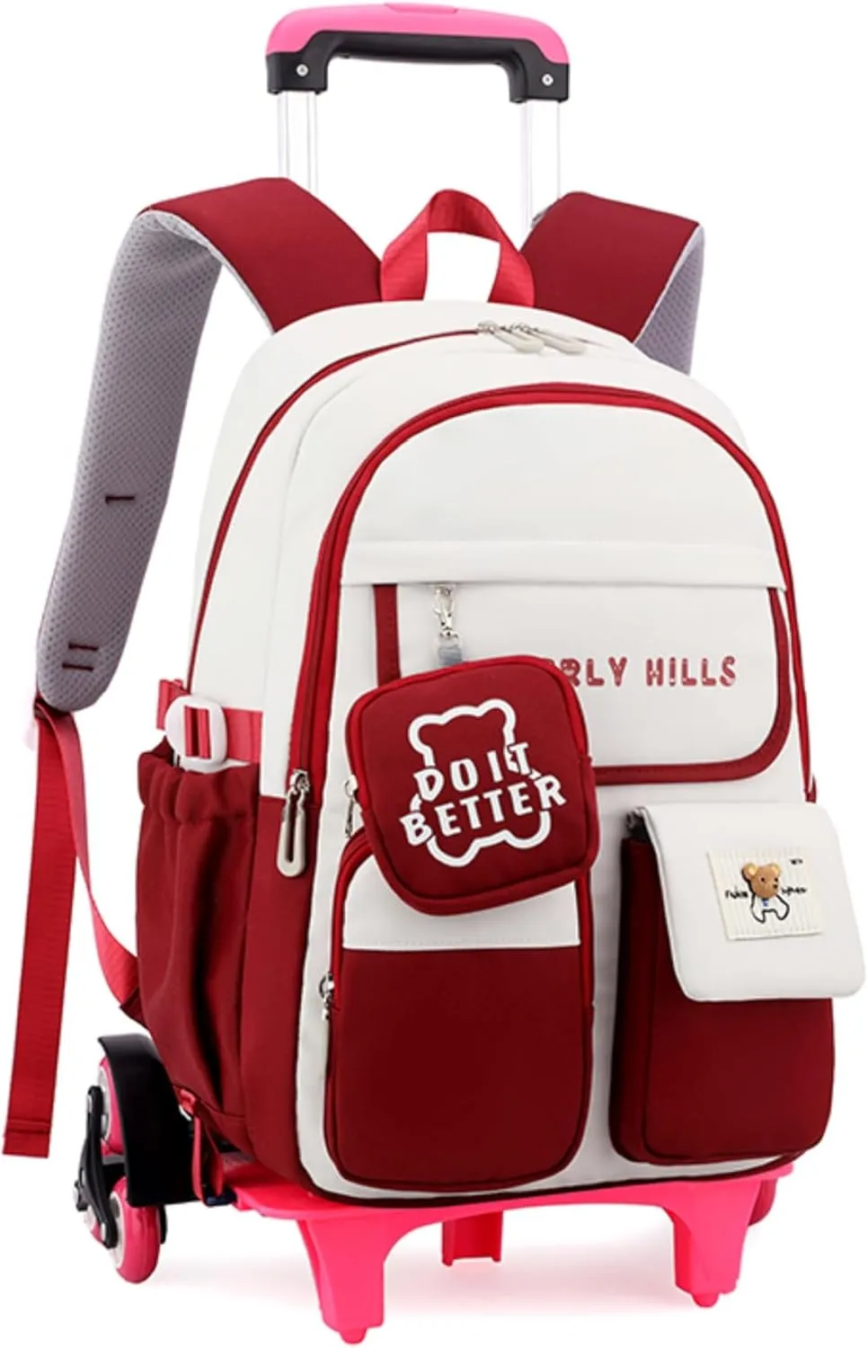 ZHANAO Color-blocking Rolling Backpack for Girls,Kawaii School Bag with Wheels,Trolley Bookbags for Primary Students