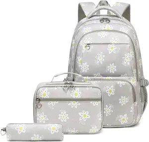 ZHANAO Daisy Backpack for Girls,Bookbag with Lunch Box Kids School Bag Set 3pcs Flower Girls Backpack Set School Daypack for Teens Girls