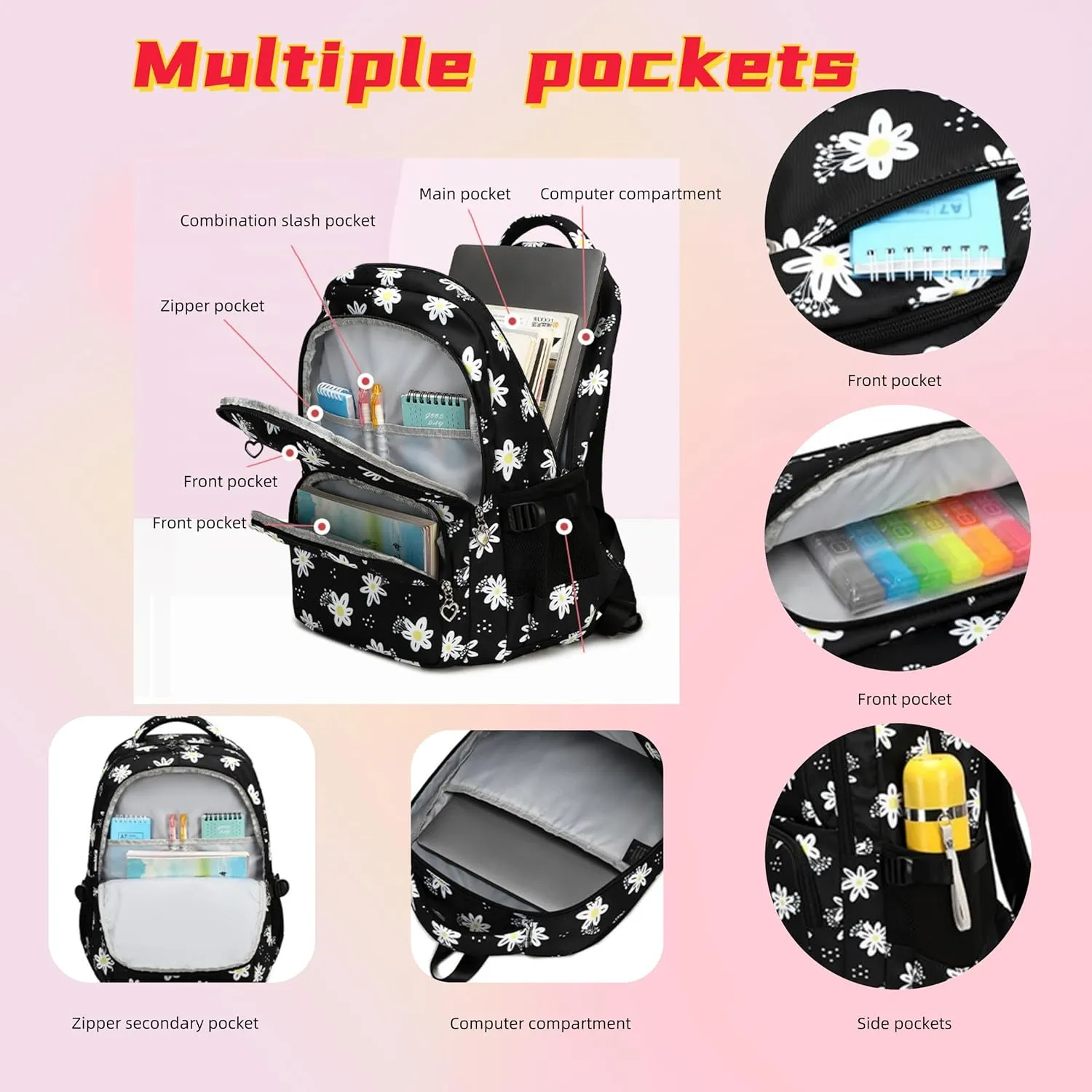 ZHANAO Daisy Backpack for Girls,Bookbag with Lunch Box Kids School Bag Set 3pcs Flower Girls Backpack Set School Daypack for Teens Girls