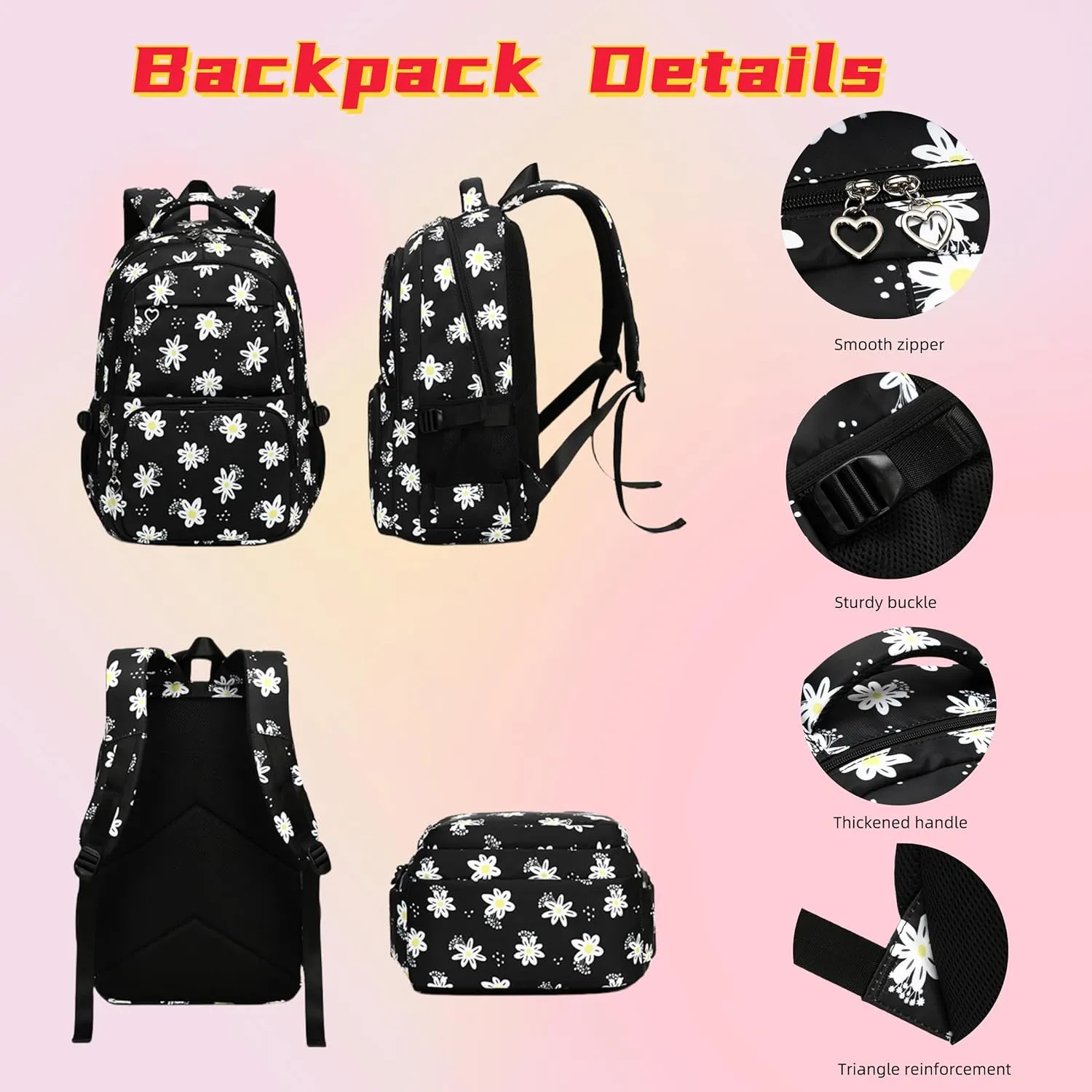 ZHANAO Daisy Backpack for Girls,Bookbag with Lunch Box Kids School Bag Set 3pcs Flower Girls Backpack Set School Daypack for Teens Girls