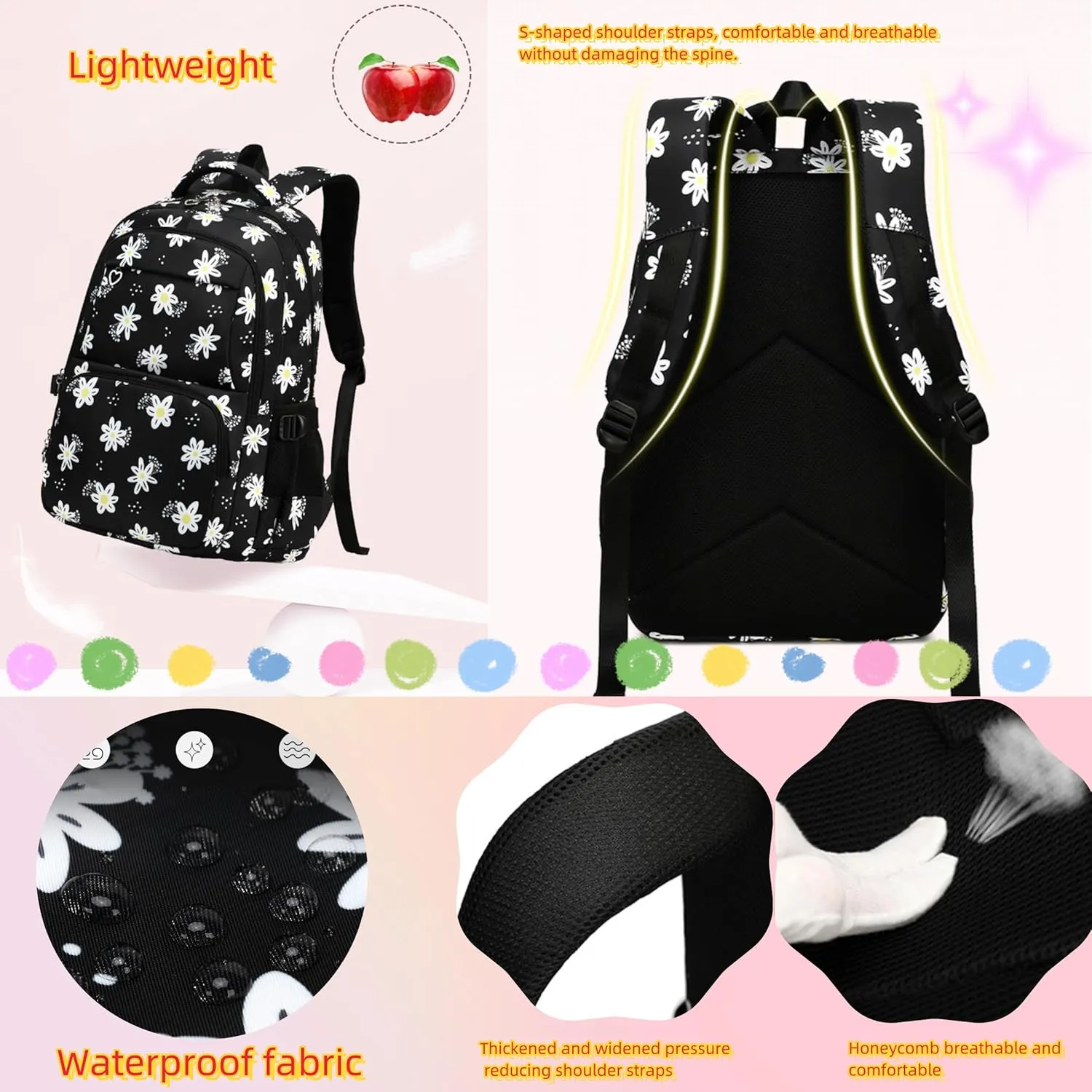 ZHANAO Daisy Backpack for Girls,Bookbag with Lunch Box Kids School Bag Set 3pcs Flower Girls Backpack Set School Daypack for Teens Girls