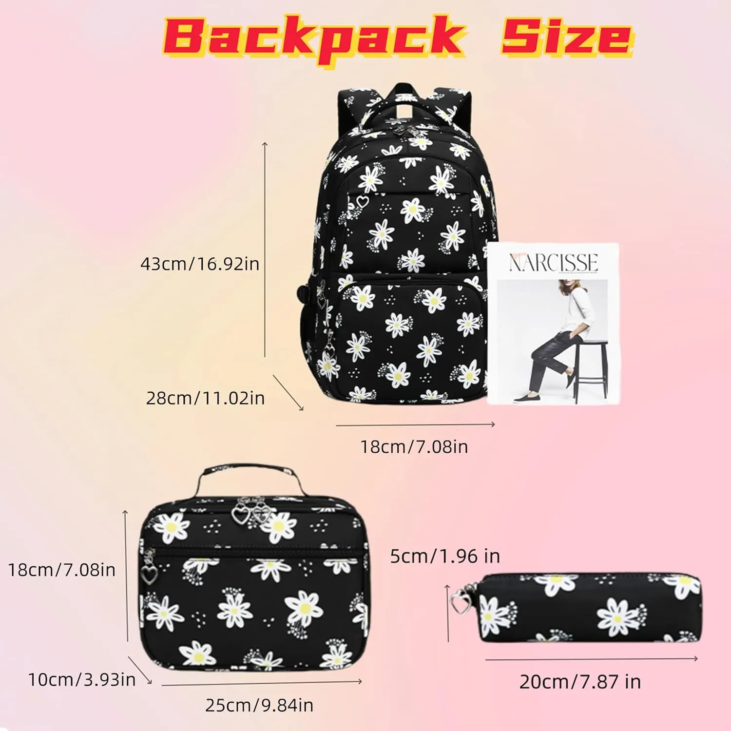 ZHANAO Daisy Backpack for Girls,Bookbag with Lunch Box Kids School Bag Set 3pcs Flower Girls Backpack Set School Daypack for Teens Girls