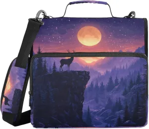 Zipper Binder Moose Moon Cliff Forest 1.5 inch 3 Ring Binder Bag with Multiple Pockets, 500 Sheet Capacity with Shoulder Strap